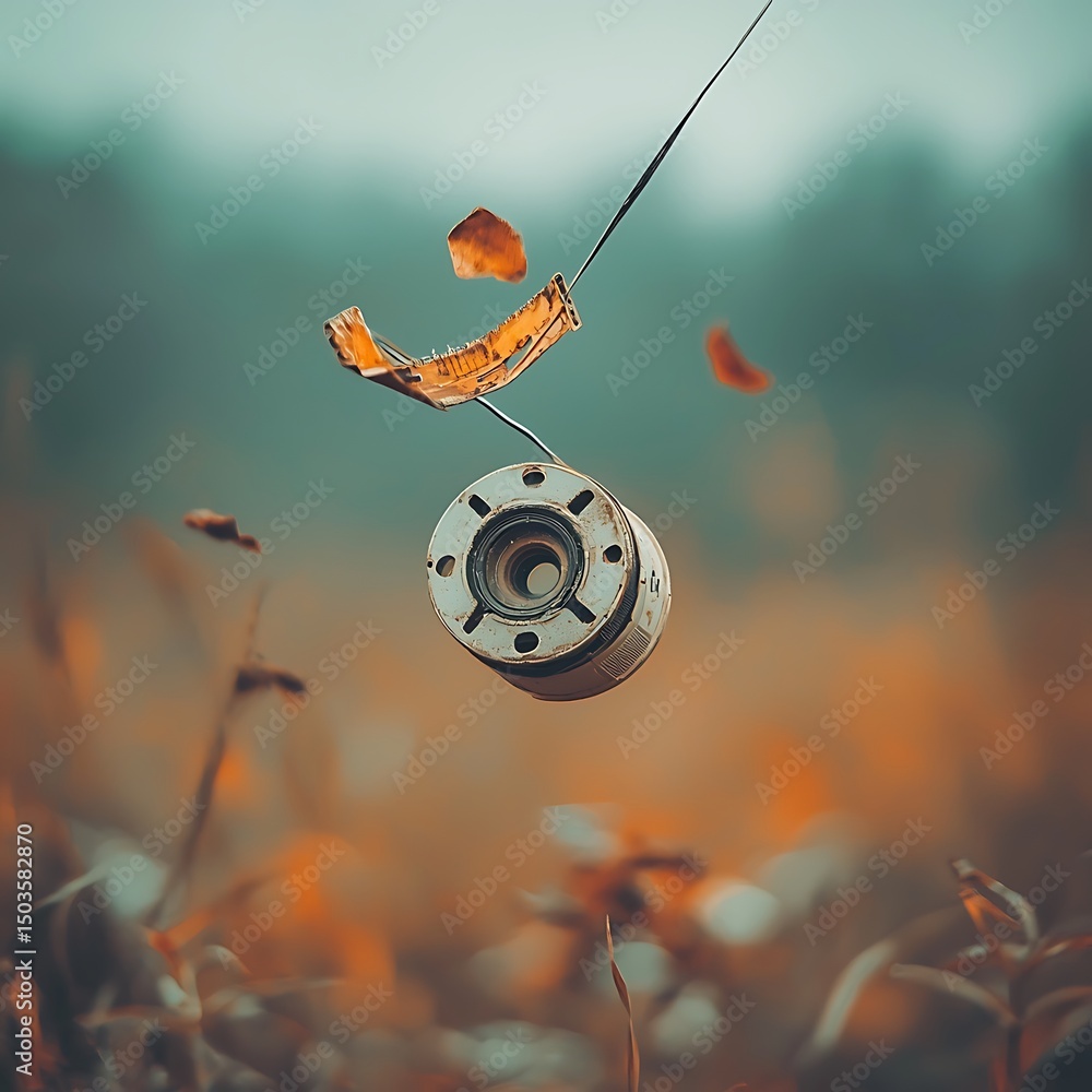 Autumn leaves with spool, wire, and field. Autumn leaves with spool, wire, and field.