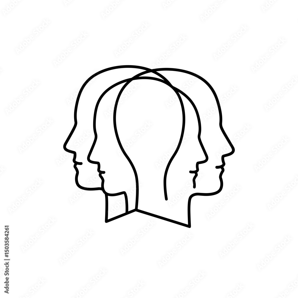 Dissociative Identity Disorder icon - Multiple personalities concept image showing overlapping transparent head profiles symbolizing a divided mind. Dissociative Identity Disorder icon - Multiple personalities concept image showing overlapping transparent head profiles symbolizing a divided mind.