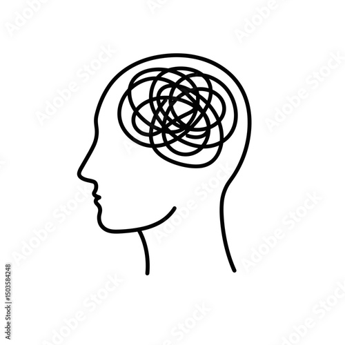Stress icon a human head with chaotic looping lines inside representing nervousness and overthinking.  Simple stress icon perfect for mental health awareness campaigns. 