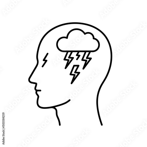Anger icon - simple side view silhouette of a human head with thunderstorm cloud and lightning bolts inside symbolizing rage and frustration. 