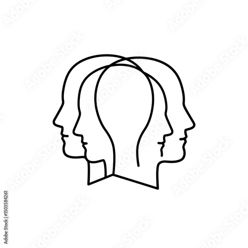 Dissociative Identity Disorder  icon - Multiple personalities concept image showing overlapping transparent head profiles symbolizing a divided mind. 