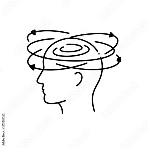 Dizziness  icon -  showing head with swirling spirals symbolizing vertigo. Dizziness concept image depicting head surrounded by rotating arrows. 