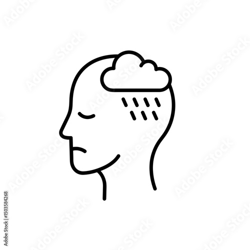 Depression icon. Head with heavy rain cloud and drooping posture symbolizes sadness. This depression icon is perfect for mental health awareness campaigns.  