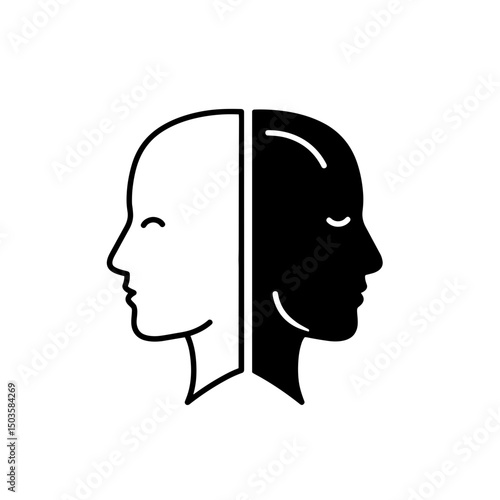Split head symbolizes bipolar disorder icon. A head split into two halvesone side bright and happy, other dark and sad. 