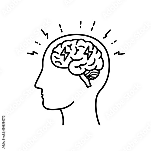 Epilepsy  icon - brain illustration with electric pulses showing seizure. Detailed brain graphic depicting epilepsy seizure activity. Simple epilepsy concept for medical education materials. 