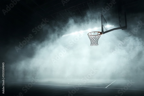 Basketball hoop with smoky arena.