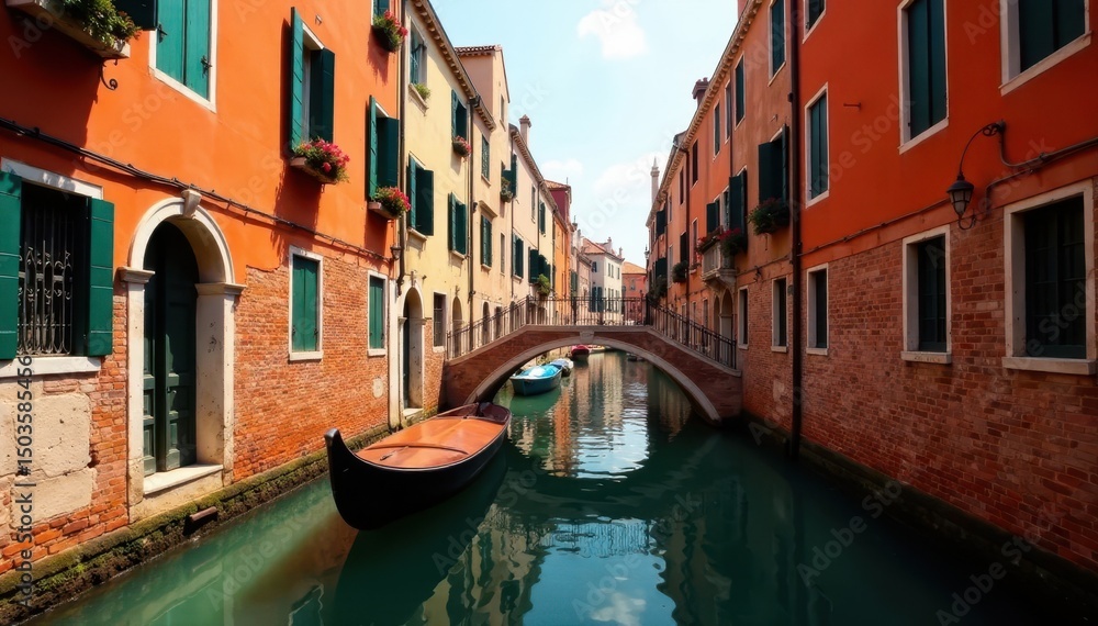 Obraz premium Narrow canal, arched bridge, single boat, Venetian buildings, peaceful, perspective, bridge