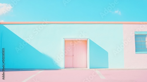 Colorful minimalist architecture with pink and blue facade and door