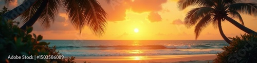 Golden hour light, weathered palms, tranquil ocean scene, vintage film effect , focus, summer