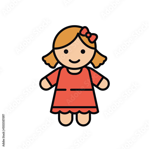 Cute doll character with blonde hair and red dress for children's toys  