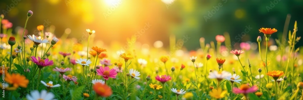 Fototapeta premium Sunlit meadow bursting with colorful wildflowers , sunshine, blue, floral