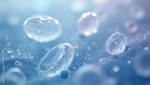 Clear Water Droplets on Blue Fabric with Soft Light