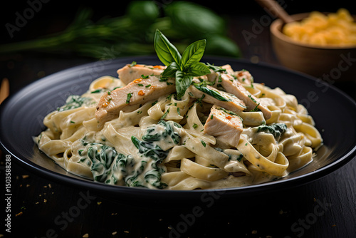 Chicken Alfredo Pasta with Spinach Focused view