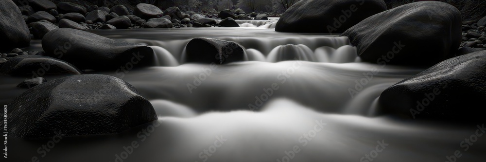 Obraz premium Smooth river rocks, satin waterfall, long exposure, black & white, bw, smooth, picture