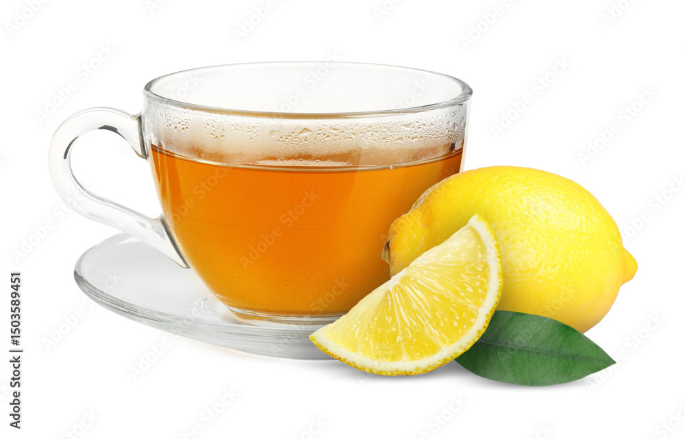 Tea in glass cup and fresh lemons on white background Tea in glass cup and fresh lemons on white background