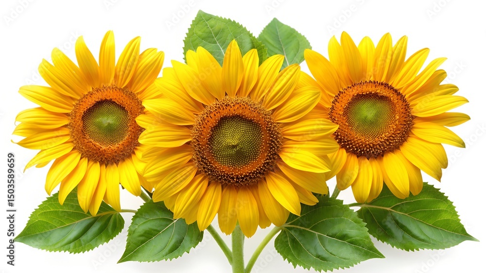 Obraz premium Three vibrant sunflowers with green leaves arranged on a pure white background.
