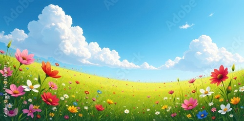 Expansive wildflower meadow bathed in sunlight; fluffy white clouds against a deep blue sky , blooming, clouds, wildflower