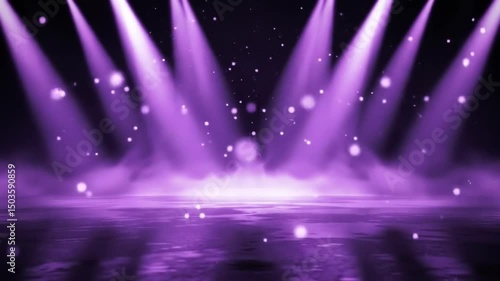 Vibrant purple stage spotlights illuminate atmospheric fog and sparkling particles for dynamic event background