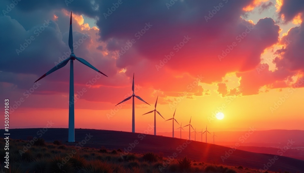 Obraz premium Wind turbines turning against a vibrant sunset sky, green, sustainability