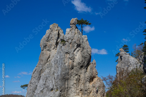 Fotografie Rock formations in the cliffs of Klettergarten Peilstein climbing area crag in Austria mountains