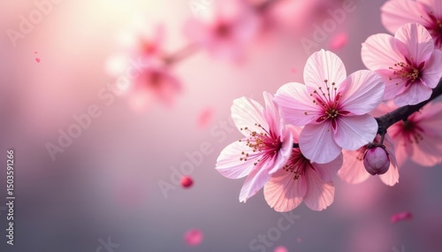 Delicate pink sakura petals drift softly on a bokeh background , serenity, blossom