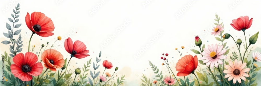 Obraz premium Loose watercolor wash, wildflower bouquet; poppies, daisies, artistic, blossom