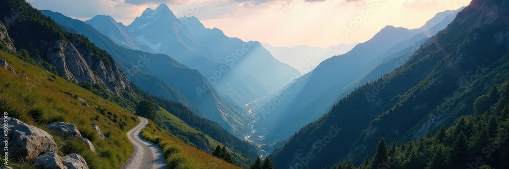 Naklejka premium Narrow mountain road disappears into high peaks, light, shadow, stone