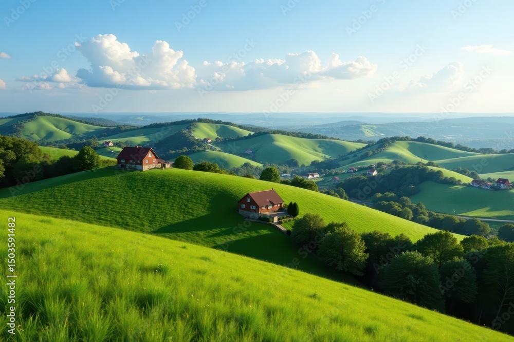 Obraz premium Rolling hills dotted with single-family residences, Strip visible in far distance, single family homes, real estate