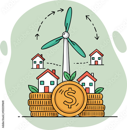 Renewable energy wind turbine powering houses with money coins investment concept vector illustration 