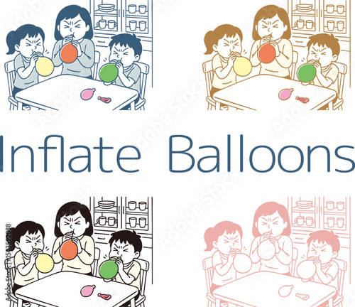 風船を膨らませる家族