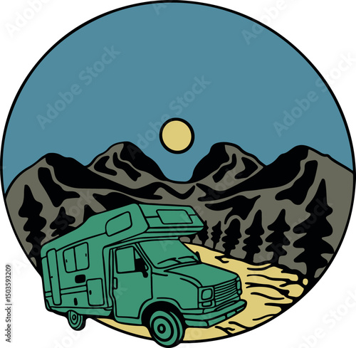 illustration of a caravan car traveling in the forest with beautiful mountain views
