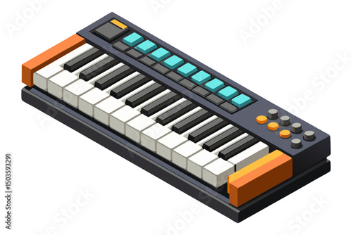 A compact, modern electronic keyboard with orange accents and teal buttons, seen from an isometric angle.