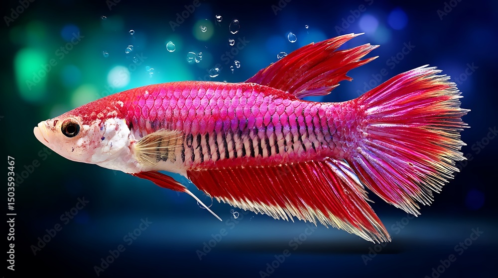 Fototapeta premium Colorful Betta Fish Swimming in Aquatic Environment with Bubbles