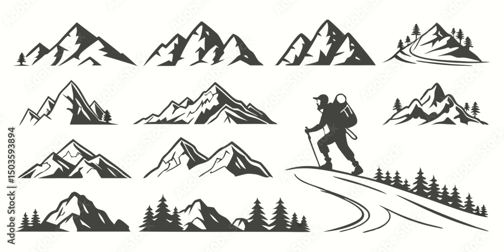 Fototapeta premium Vector Mountain Icons – Abstract & Realistic Mountain Symbol Set (50 Icons)