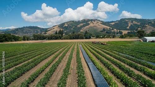 Picturesque Vineyard Landscape with Solar Panels and Rolling Hills Backdrop