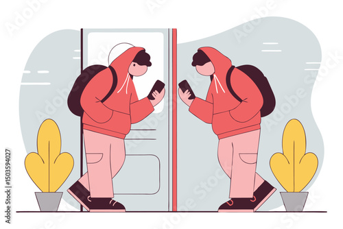 An illustration of two people, possibly identical or reflections, dressed in hoodies and backpacks, engrossed in their smartphones while walking. The setting appears to be indoors