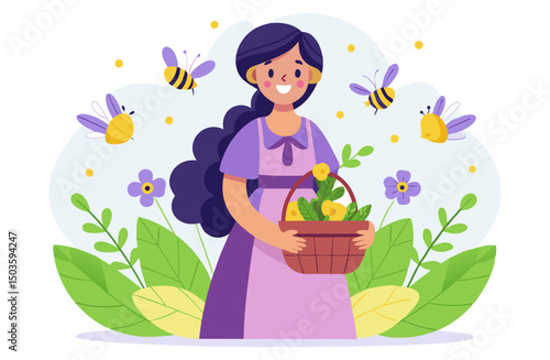 A cheerful woman with long dark hair holds a basket of yellow flowers, surrounded by green leaves, purple flowers, and three flying bees.