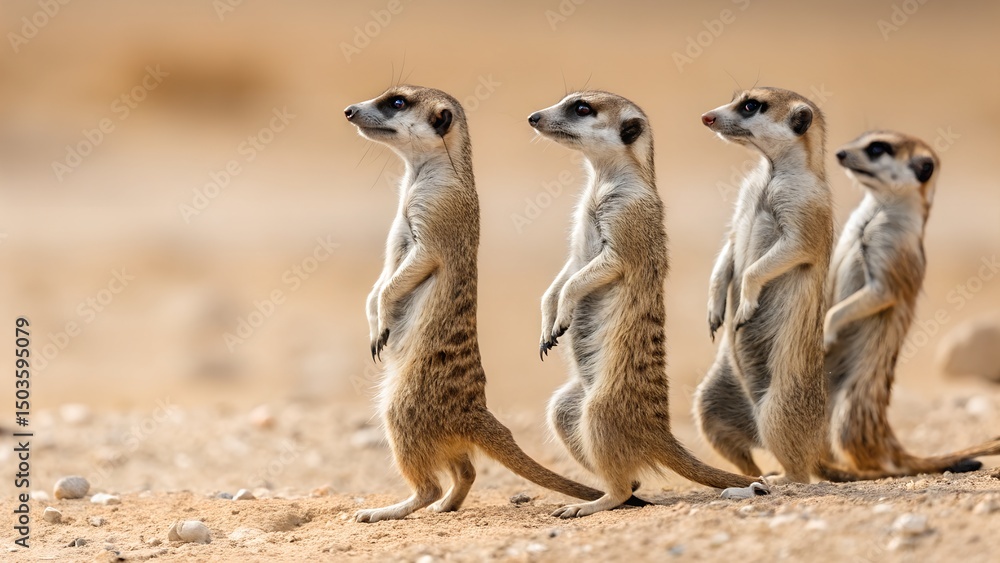 a group of four meerkats standing on a sandy terrain a group of four meerkats standing on a sandy terrain