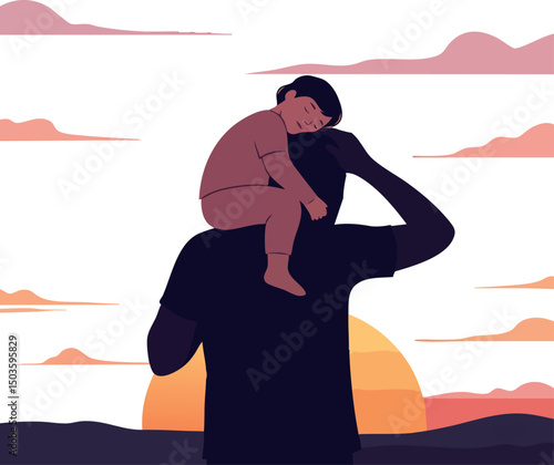 Father carrying child on shoulders at sunset with colorful sky silhouette vector illustration 