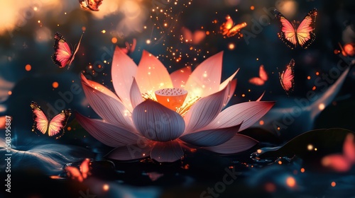 Enchanting lotus flower with glowing petals surrounded by butterflies
