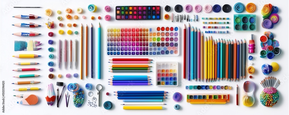 Fototapeta premium Mini top view of organized creative tools including graphic tablet, pencils and color palette, collection, isolated on white background 