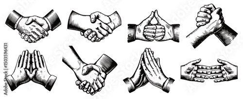 Eight different hand gestures and handshakes are depicted in a vintage, woodcut-style illustration, showcasing various forms of interaction.