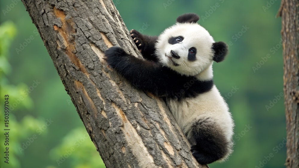Fototapeta premium a young panda bear clinging to a tree trunk. The panda has a distinctive black and white fur pattern, with black ears, eye patches, and limbs, and a white face and body 
