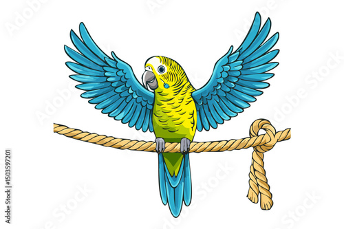 Budgie or budgerigar sitting on a rope with open wings and isolated on white background, australian tropical bird, Budgerigar, common parakeet, shell parakeet or budgie (Melopsittacus undulatus)