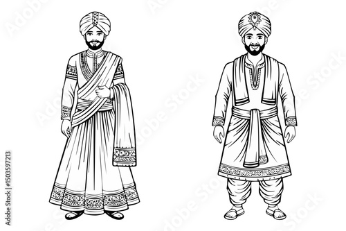 Black and white illustration depicts a man in a turban in traditional indian attire