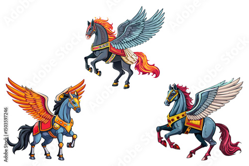 Flying pegasus, Cartoon mythical horse with wings, magical horses running, fairy unicorn animal fairytale creature, pegasus winged horse greek mythology, mythical creature of armored pegasus
