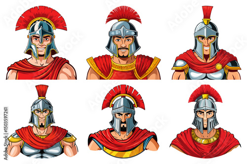 Head ancient warrior in helmet and armor, Spartan or Trojan warrior or a Roman gladiator cartoon character, ancient roman gladiator in armour soldier, set