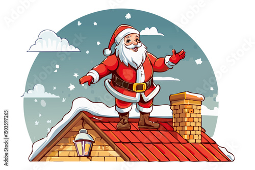 Cartoon character illustration of Santa Claus on roof with boxed gifts lying around, Santa Claus on the roof