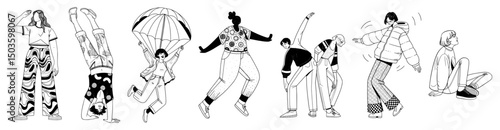 a diagram of hip hop dance steps, with various poses and movements illustrated in a black and white sketch style.
