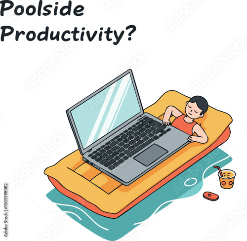 Man relaxing on inflatable pool float with laptop working poolside productivity concept 